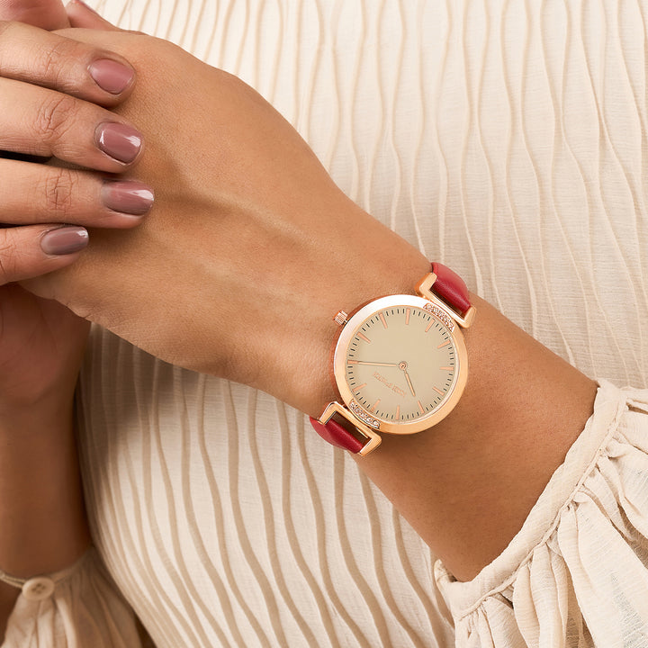 Petite Beige Medium Dial Maroon PU Strap Women's Watch