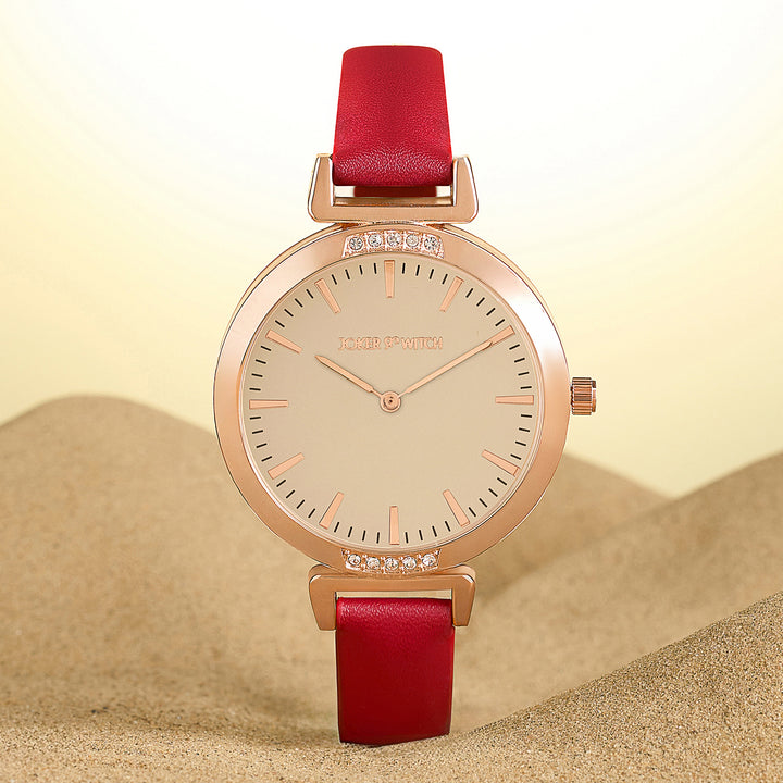 Petite Beige Medium Dial Maroon PU Strap Women's Watch