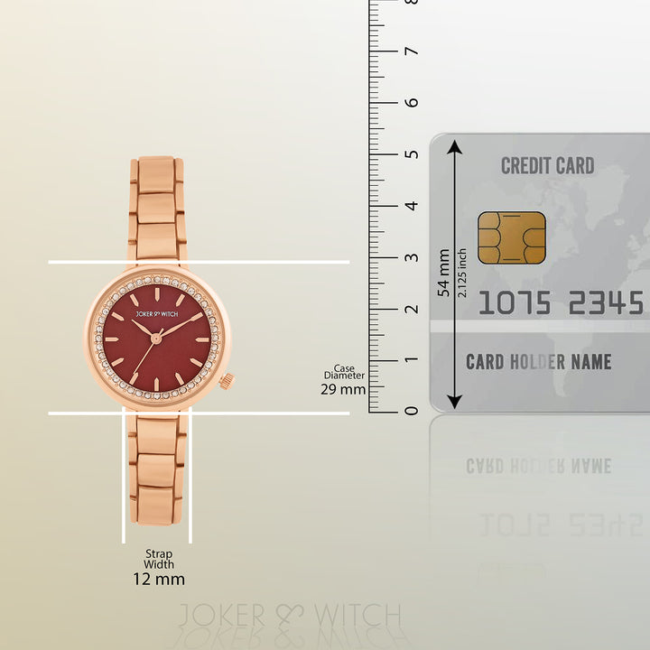 Chantal Maroon Small Rhinestone Dial Rose Gold Linked Chain Strap Women's Watch