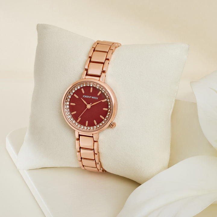 Chantal Maroon Small Rhinestone Dial Rose Gold Linked Chain Strap Women's Watch