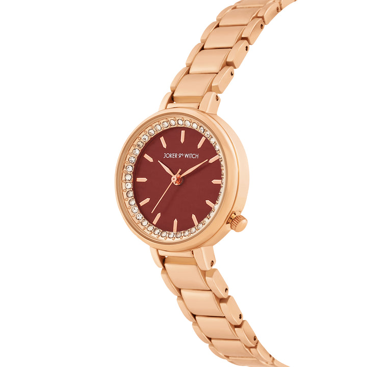 Chantal Maroon Small Rhinestone Dial Rose Gold Linked Chain Strap Women's Watch