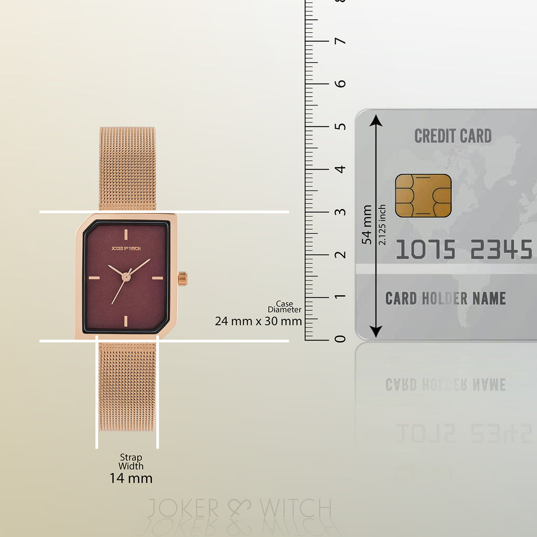 Edge Maroon Small Hexagon Dial Rose Gold Mesh Strap Women's Watch