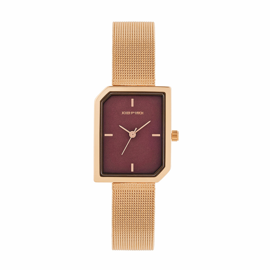 Edge Maroon Small Hexagon Dial Rose Gold Mesh Strap Women's Watch