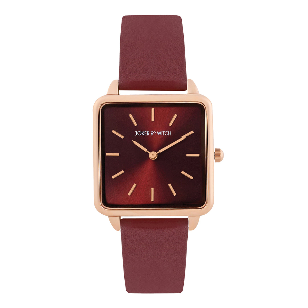 Emily Square Maroon Sunray Small Dial Maroon PU Strap Watch