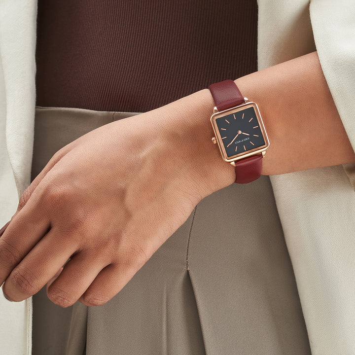 Emily Square Black Small Dial Maroon PU Strap Watch