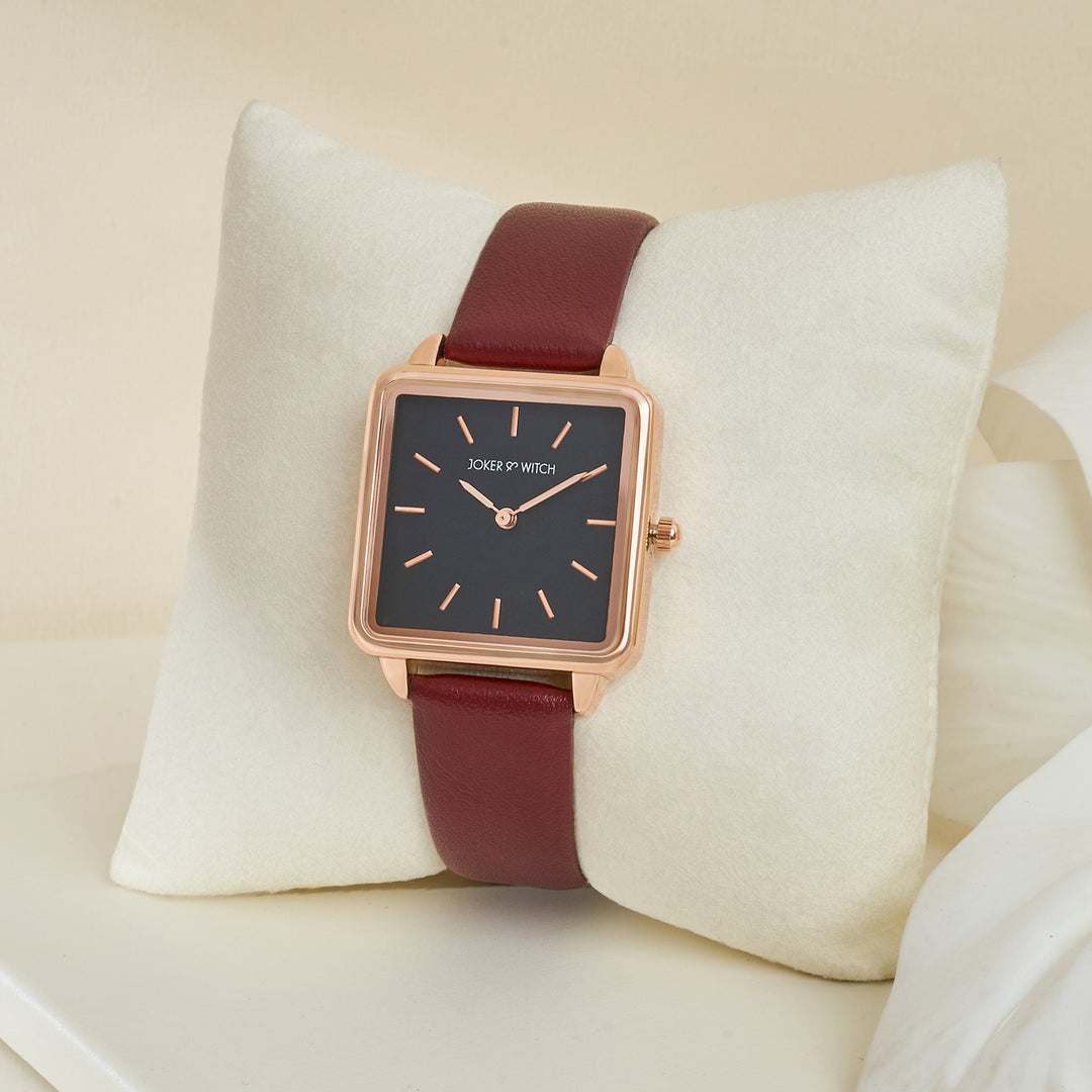 Emily Square Black Small Dial Maroon PU Strap Watch