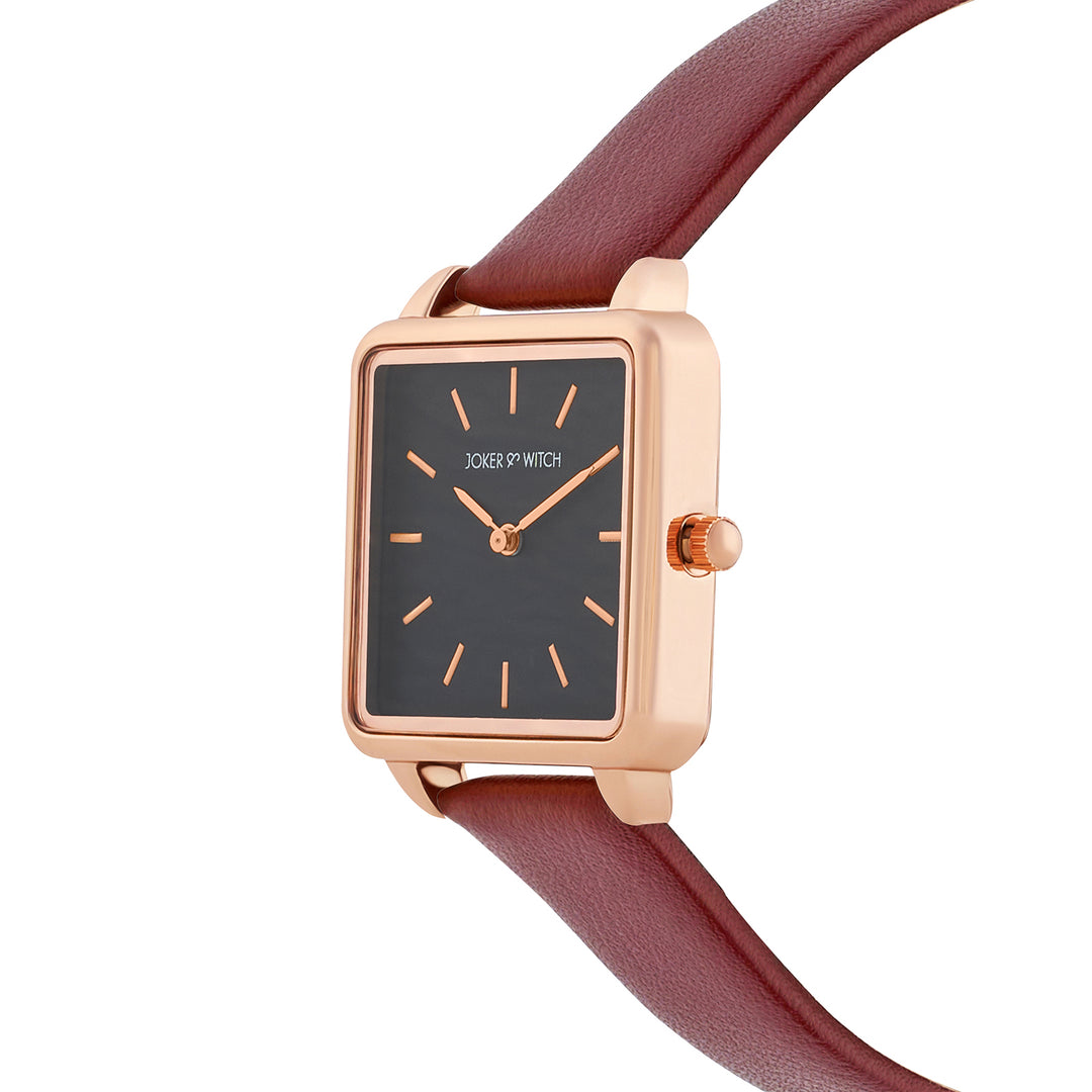Emily Square Black Small Dial Maroon PU Strap Watch