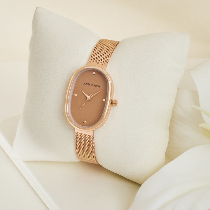 Enola Brown Small Oval Dial Rose Gold Mesh Strap Women's Watch