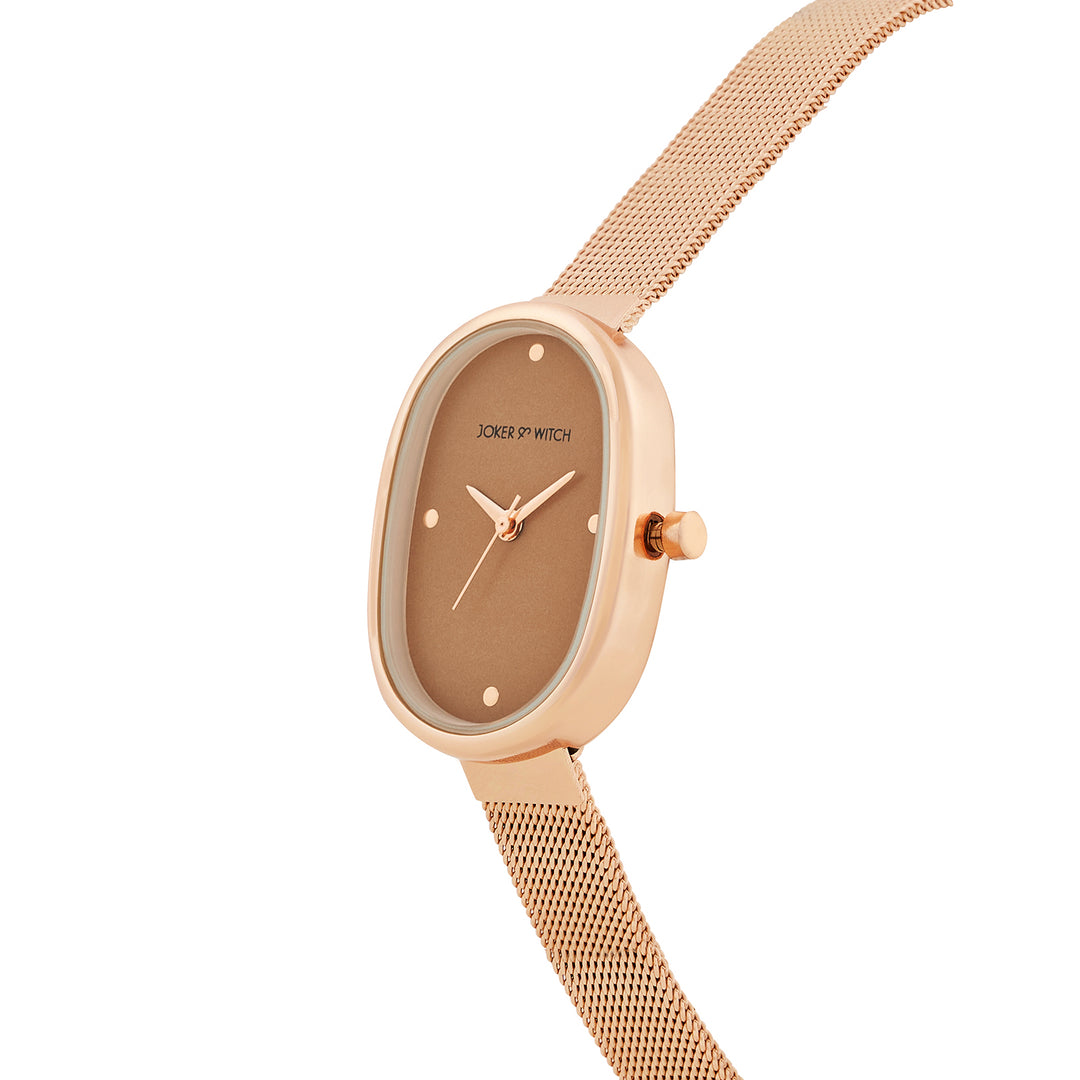 Enola Brown Small Oval Dial Rose Gold Mesh Strap Women's Watch