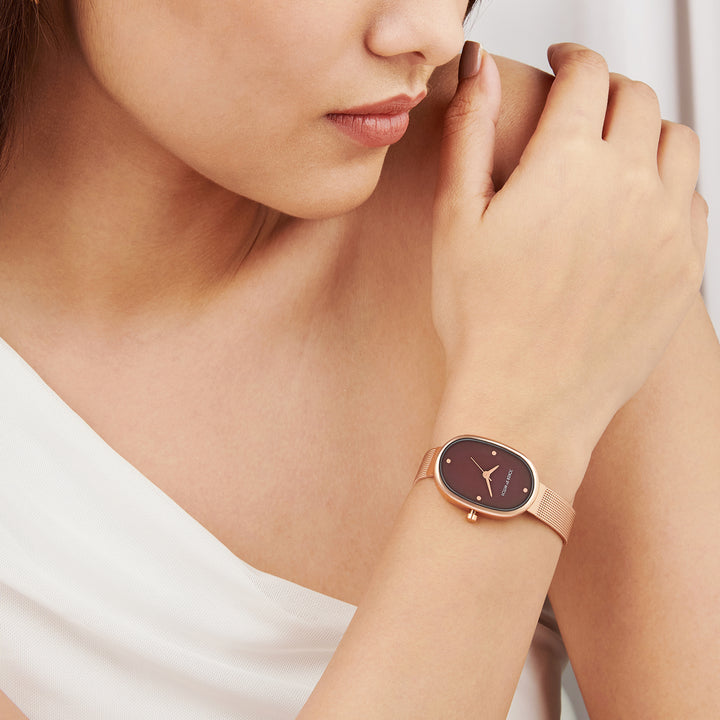 Enola Maroon Small Oval Dial Rose Gold Mesh Strap Women's Watch