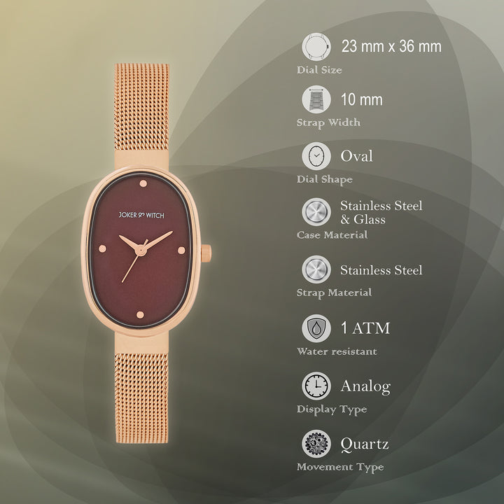 Enola Maroon Small Oval Dial Rose Gold Mesh Strap Women's Watch