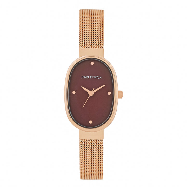 Enola Maroon Small Oval Dial Rose Gold Mesh Strap Women's Watch