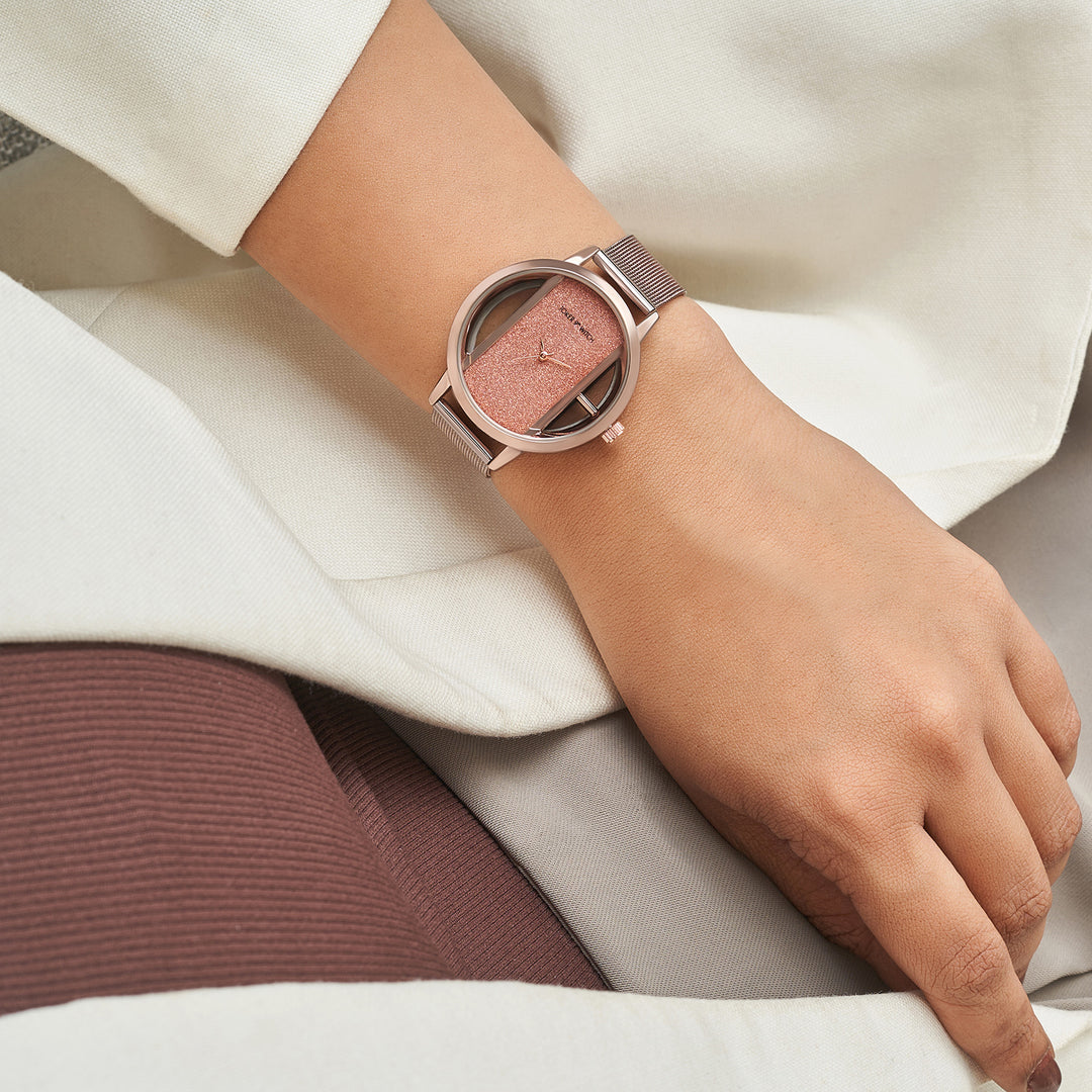 Futuristic Copper Large Glitter Dial Mesh Strap Women's Watch