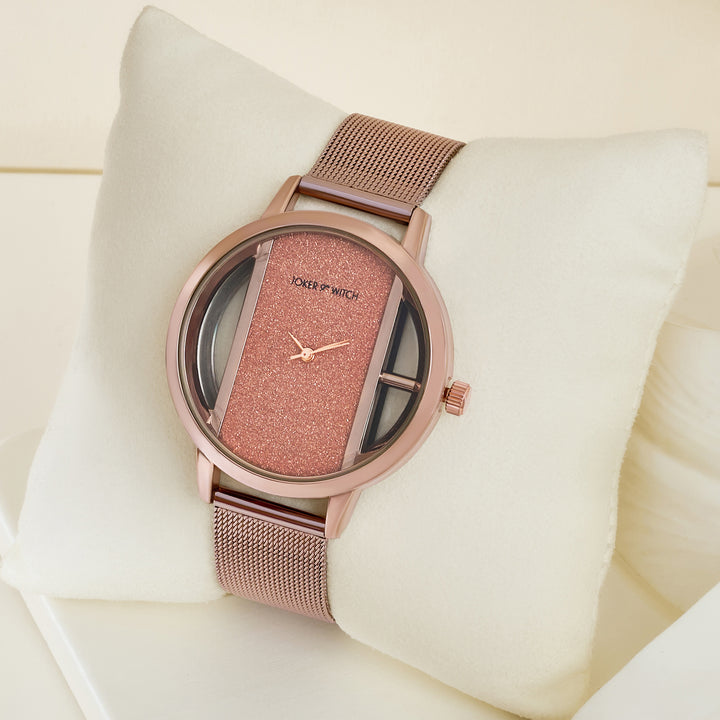 Futuristic Copper Large Glitter Dial Mesh Strap Women's Watch