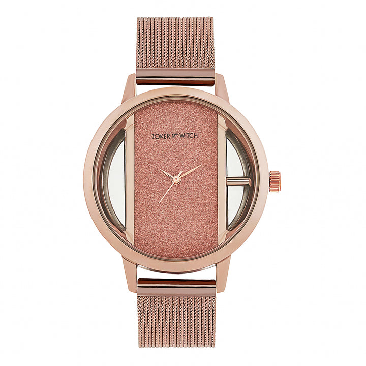 Futuristic Copper Large Glitter Dial Mesh Strap Women's Watch