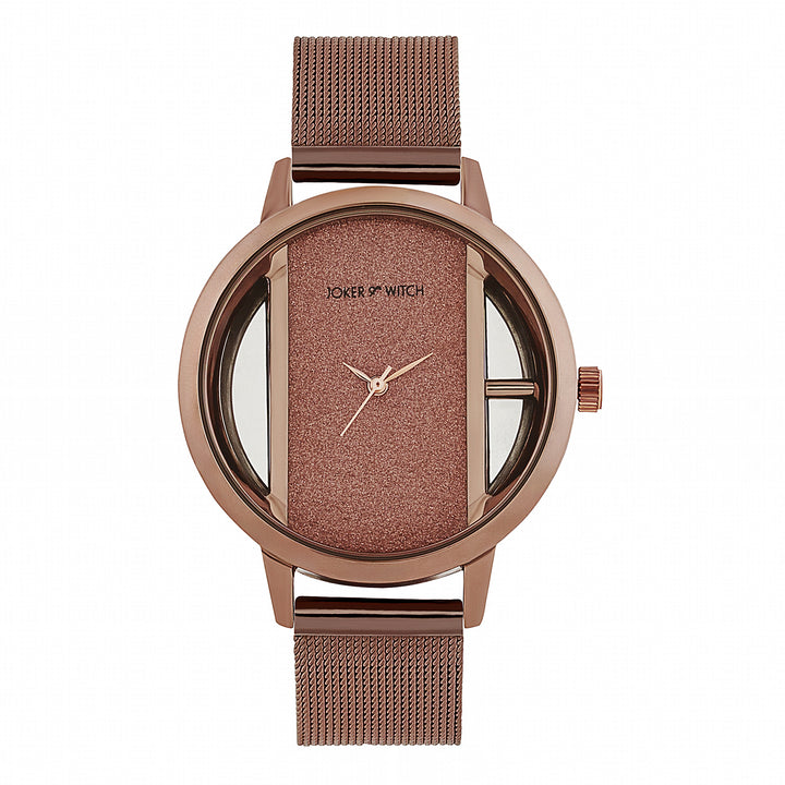 Futuristic Copper Large Glitter Dial Mesh Strap Women's Watch