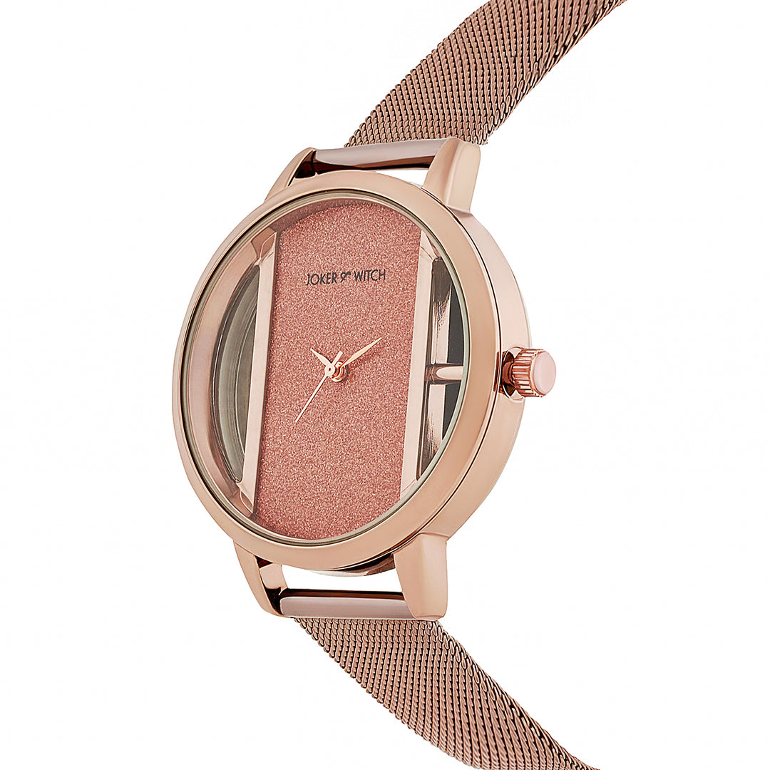 Futuristic Copper Large Glitter Dial Mesh Strap Women's Watch