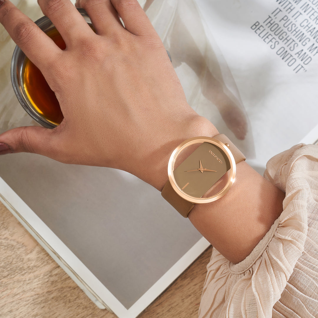 Futuristic Rose Gold Mocha Large Dial PU Strap Women's Watch