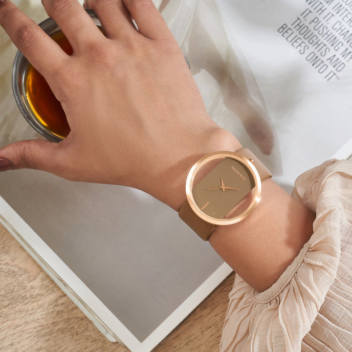 Futuristic Rose Gold Mocha Large Dial PU Strap Women's Watch