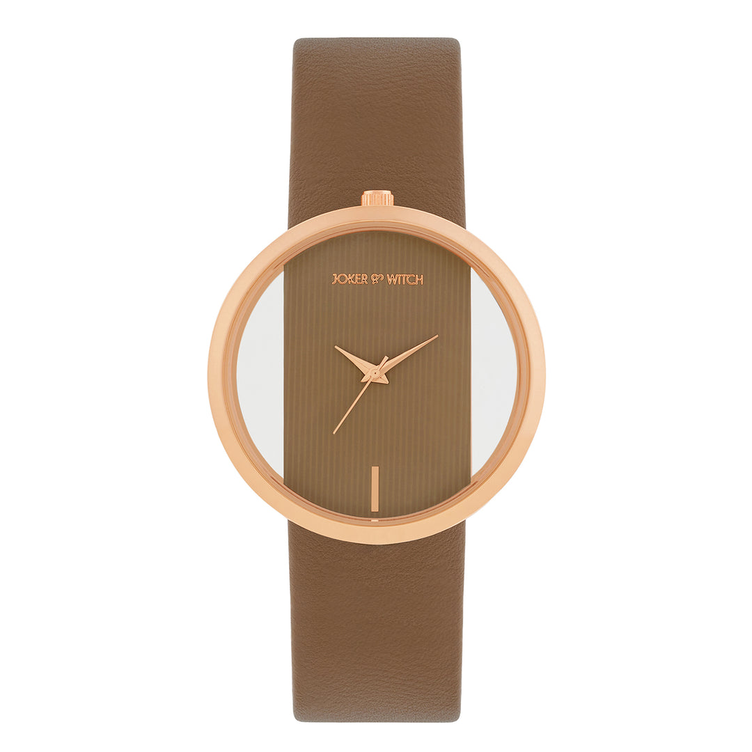 Futuristic Rose Gold Mocha Large Dial PU Strap Women's Watch