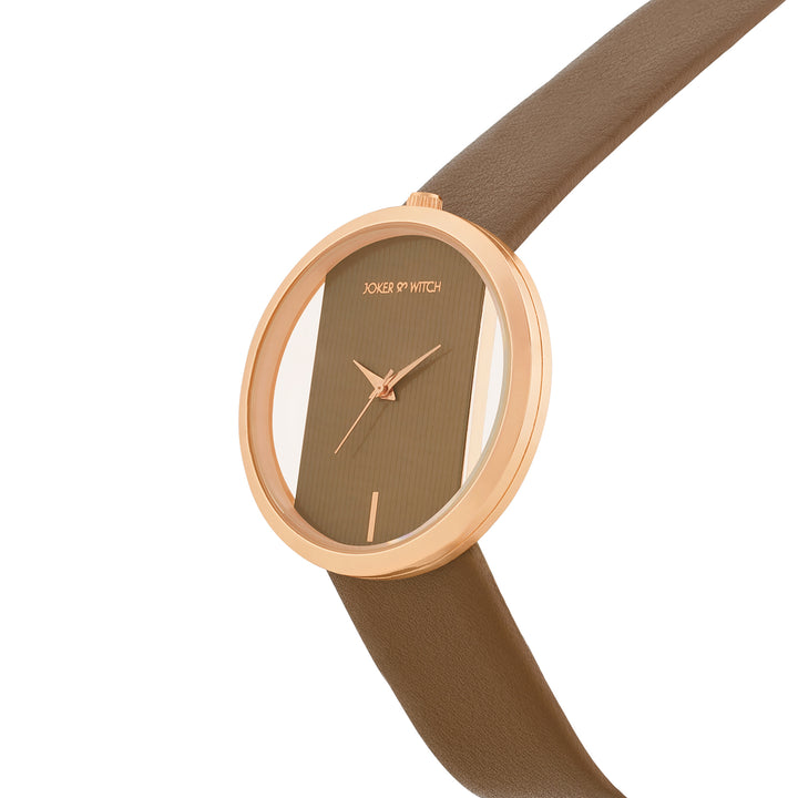 Futuristic Rose Gold Mocha Large Dial PU Strap Women's Watch