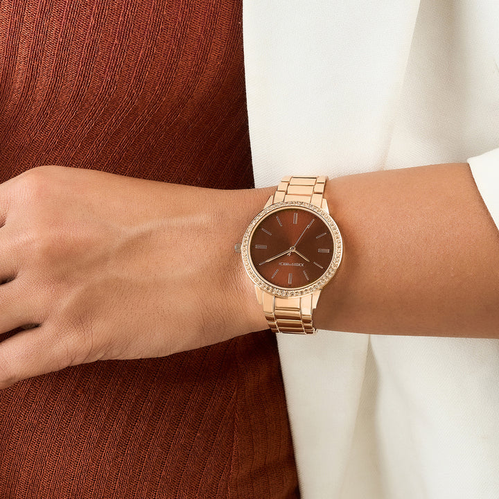 Halo Mocha Sunray Large Rhinestone Dial Rose Gold Linked Chain Strap Women's Watch