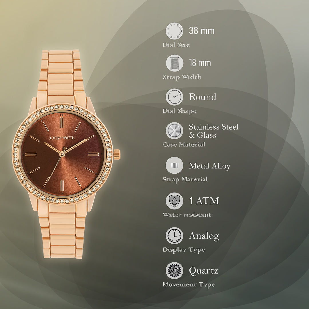 Halo Mocha Sunray Large Rhinestone Dial Rose Gold Linked Chain Strap Women's Watch