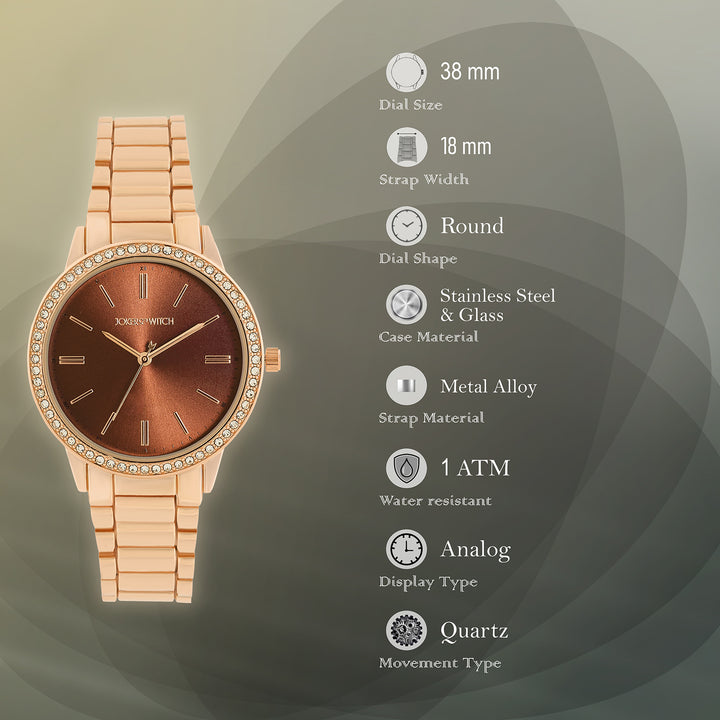 Halo Mocha Sunray Large Rhinestone Dial Rose Gold Linked Chain Strap Women's Watch