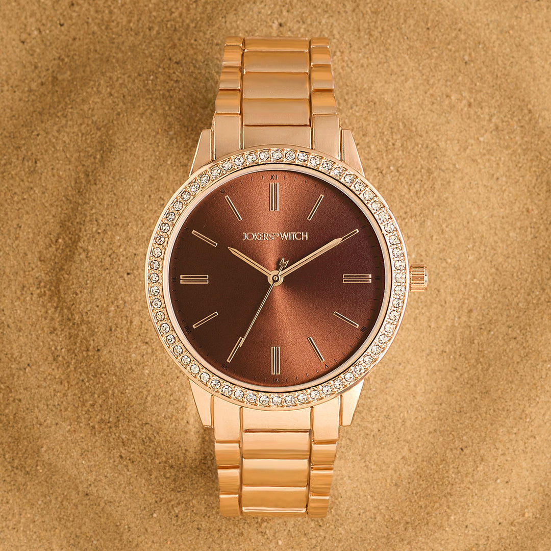 Halo Mocha Sunray Large Rhinestone Dial Rose Gold Linked Chain Strap Women's Watch