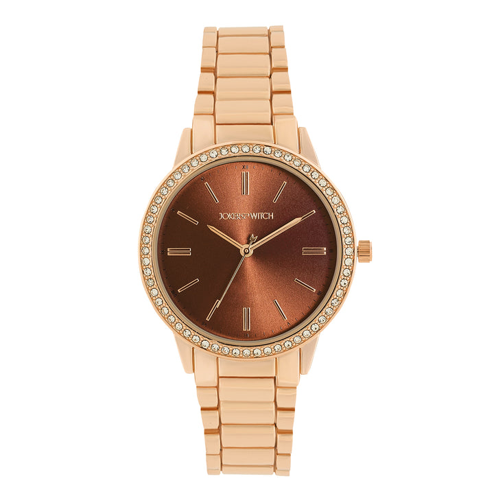 Halo Mocha Sunray Large Rhinestone Dial Rose Gold Linked Chain Strap Women's Watch