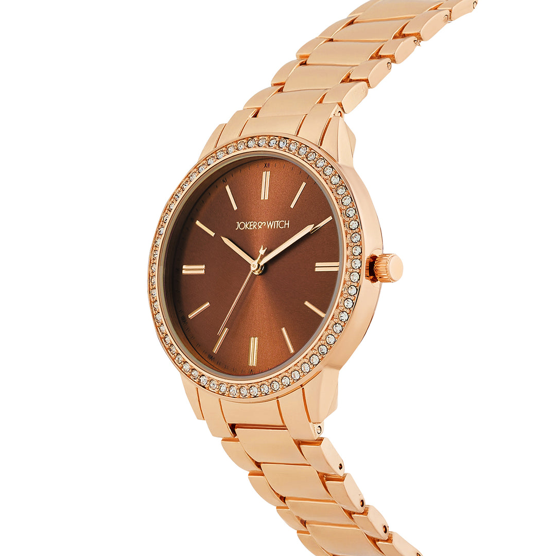 Halo Mocha Sunray Large Rhinestone Dial Rose Gold Linked Chain Strap Women's Watch