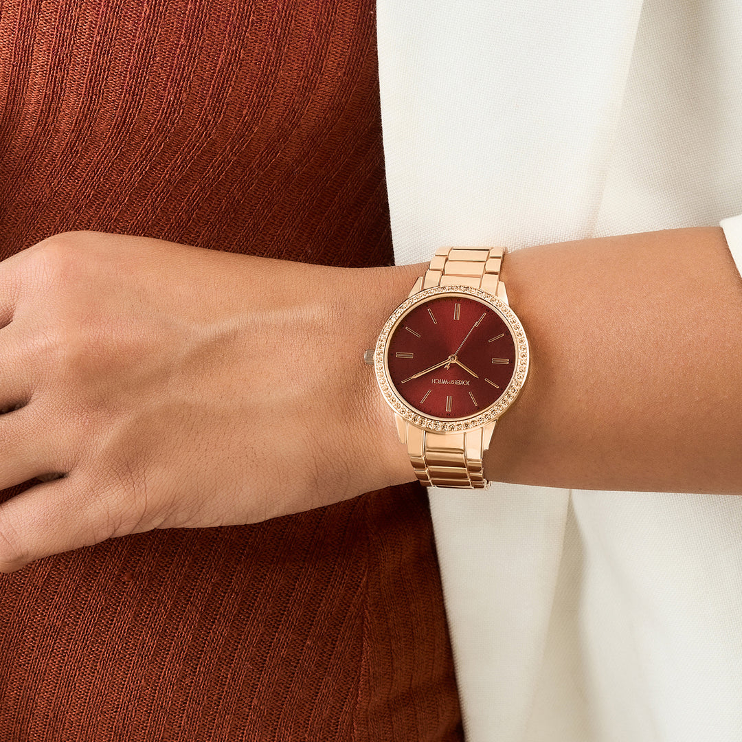 Halo Maroon Sunray Large Rhinestone Dial Rose Gold Linked Chain Strap Women's Watch