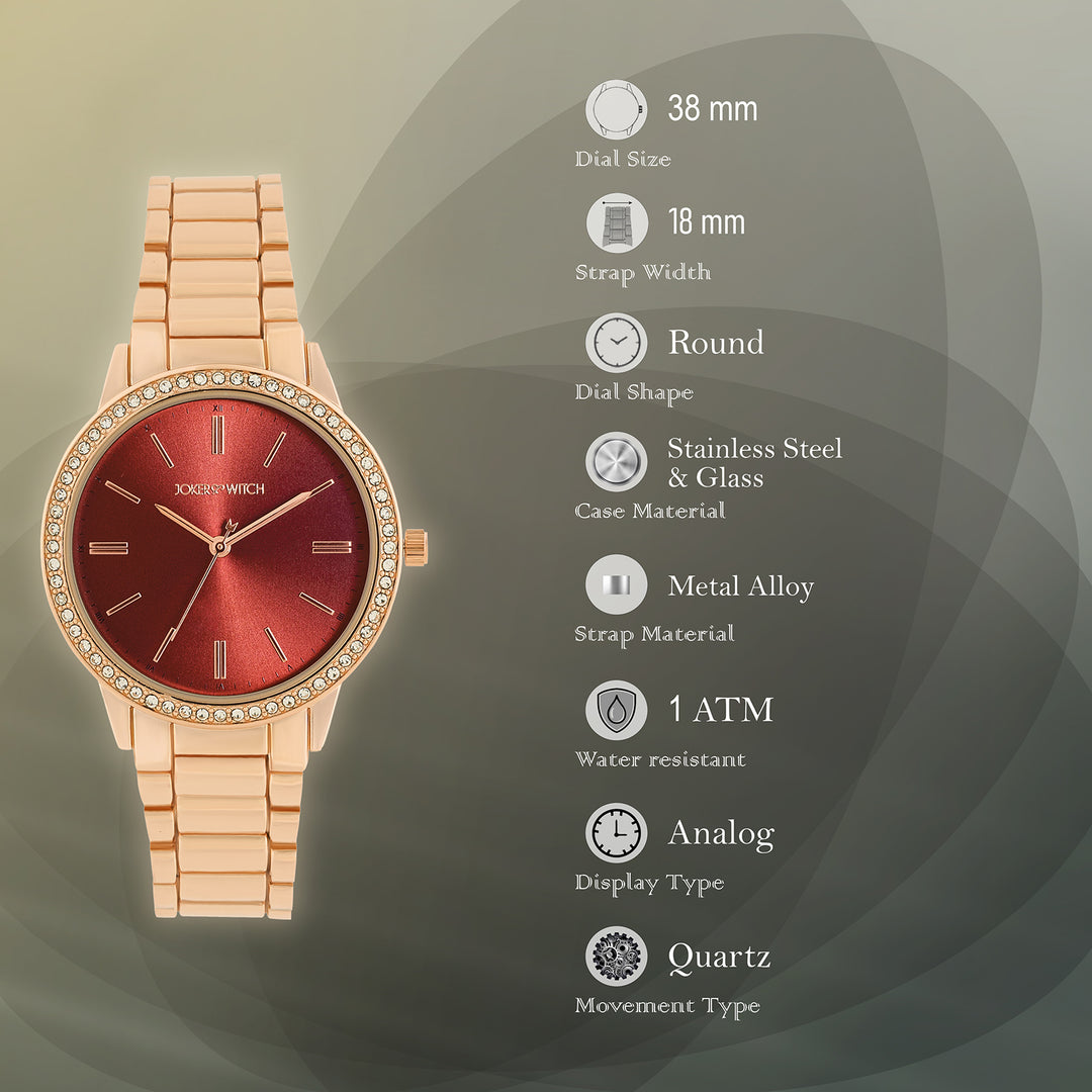 Halo Maroon Sunray Large Rhinestone Dial Rose Gold Linked Chain Strap Women's Watch