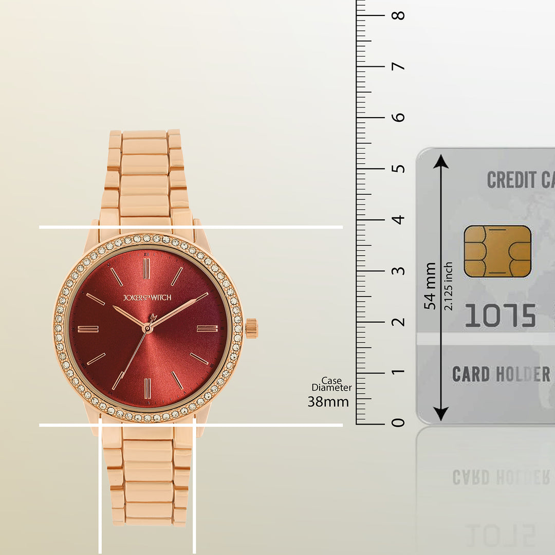 Halo Maroon Sunray Large Rhinestone Dial Rose Gold Linked Chain Strap Women's Watch