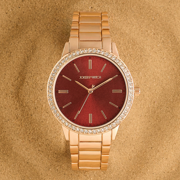 Halo Maroon Sunray Large Rhinestone Dial Rose Gold Linked Chain Strap Women's Watch