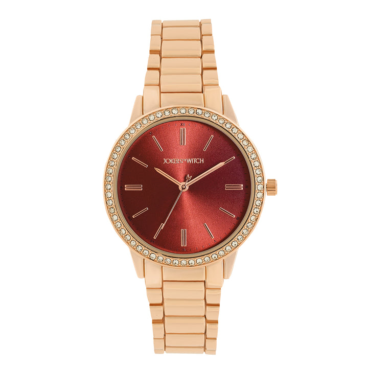 Halo Maroon Sunray Large Rhinestone Dial Rose Gold Linked Chain Strap Women's Watch