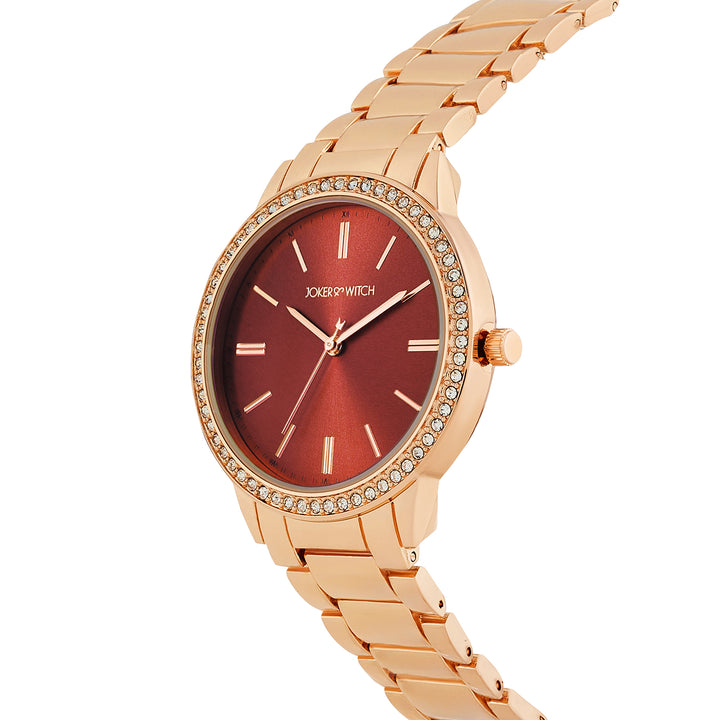 Halo Maroon Sunray Large Rhinestone Dial Rose Gold Linked Chain Strap Women's Watch