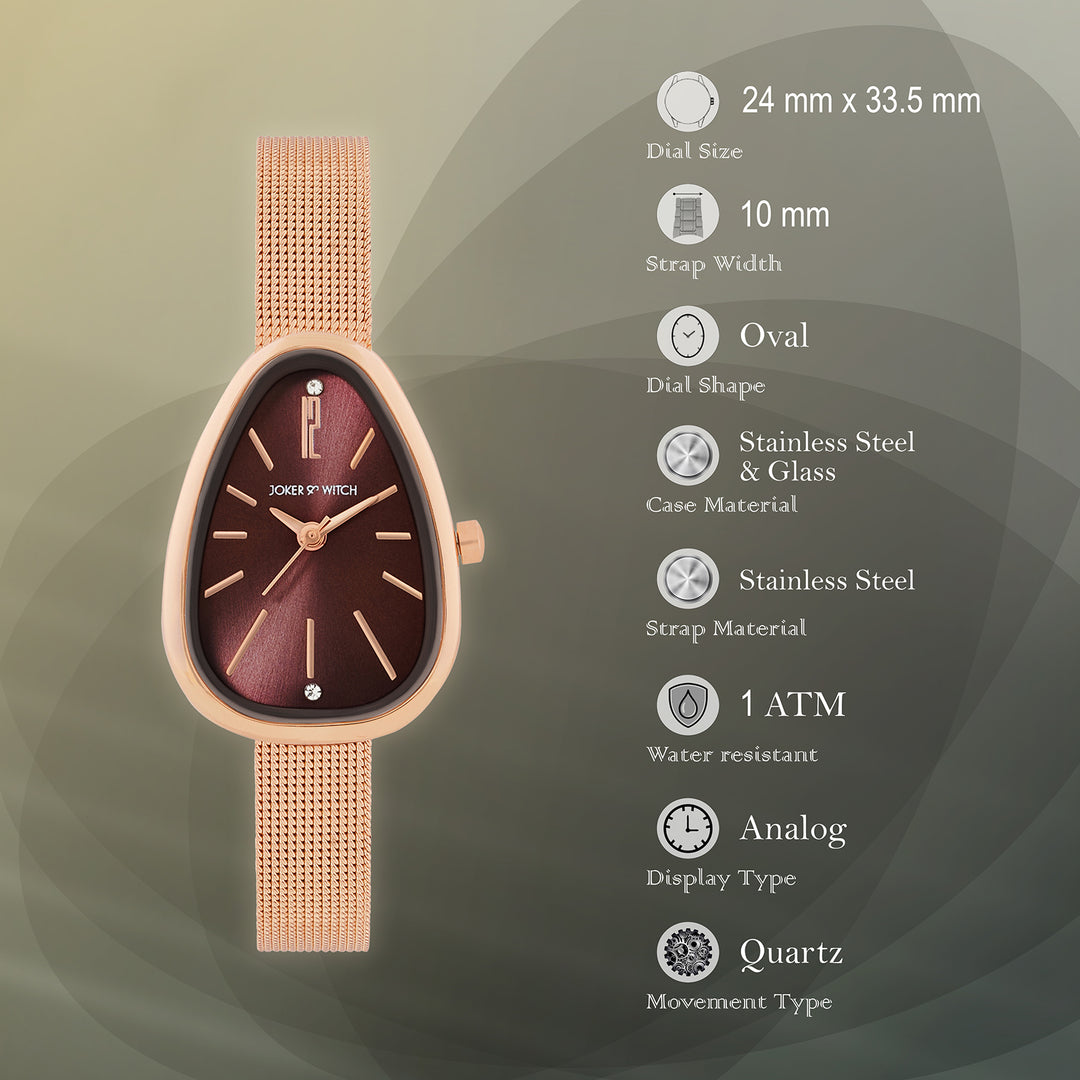 Maris Maroon Sunray Small Oval Dial Rose Gold Mesh Strap Women's Watch