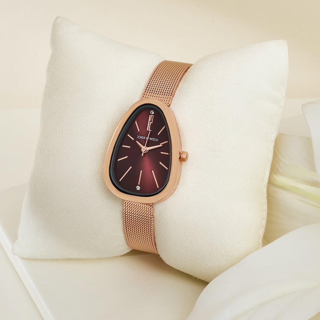 Maris Maroon Sunray Small Oval Dial Rose Gold Mesh Strap Women's Watch