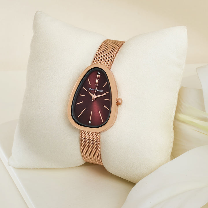 Maris Maroon Sunray Small Oval Dial Rose Gold Mesh Strap Women's Watch