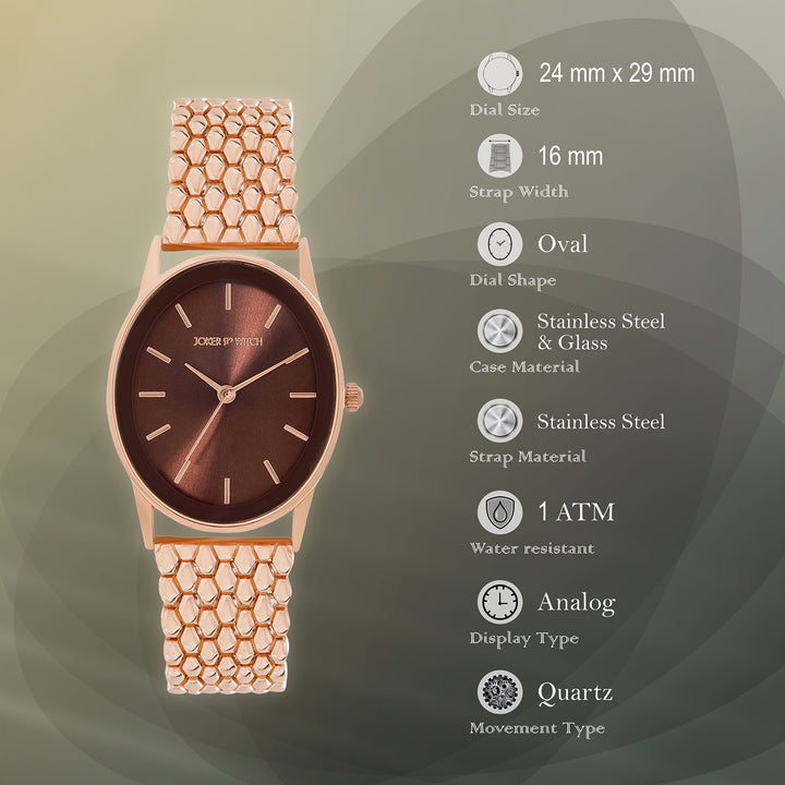 Quisp Mocha Sunray Small Oval Dial Rose Gold Linked Chain Strap Women's Watch