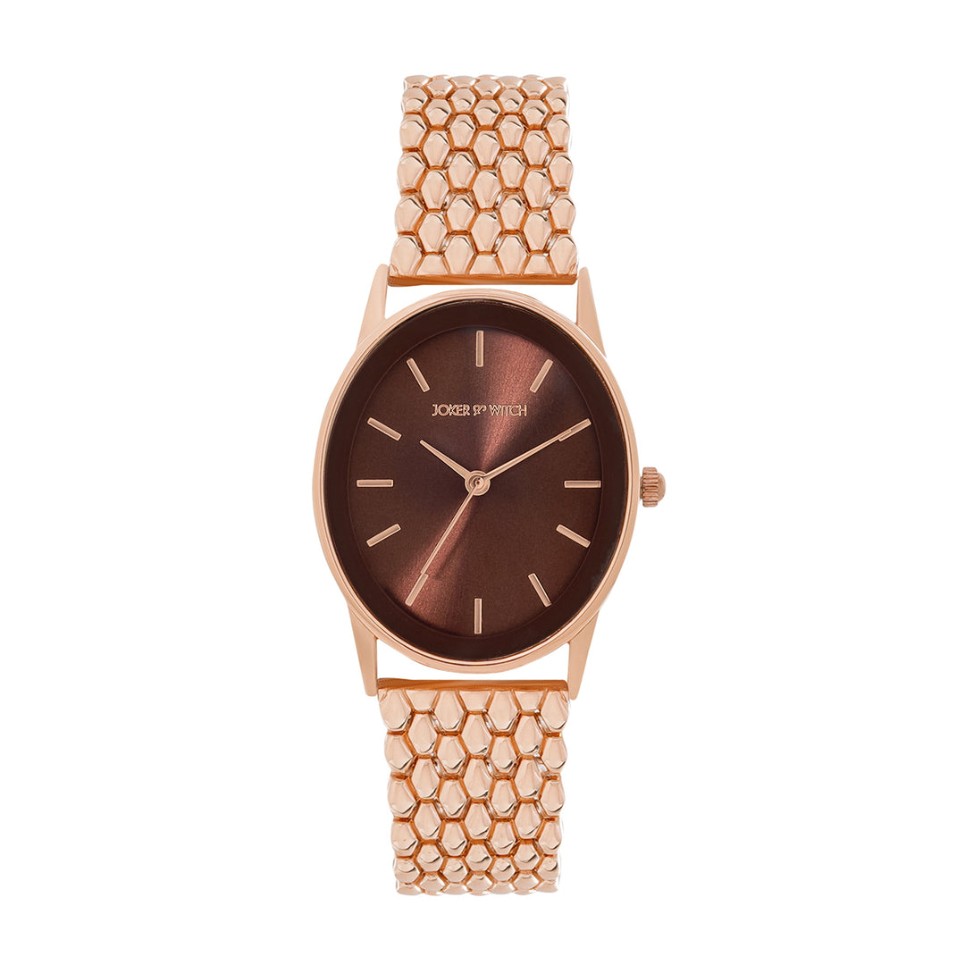 Quisp Mocha Sunray Small Oval Dial Rose Gold Linked Chain Strap Women's Watch