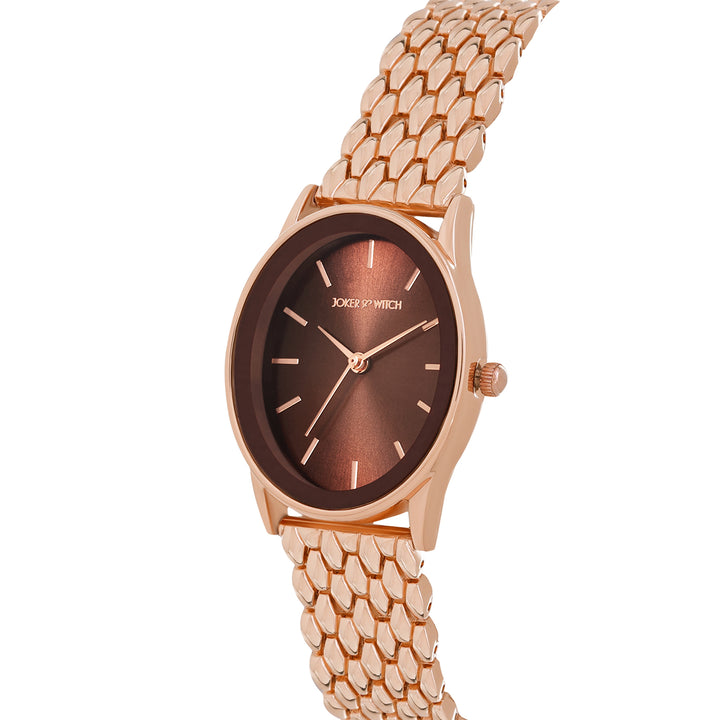 Quisp Mocha Sunray Small Oval Dial Rose Gold Linked Chain Strap Women's Watch