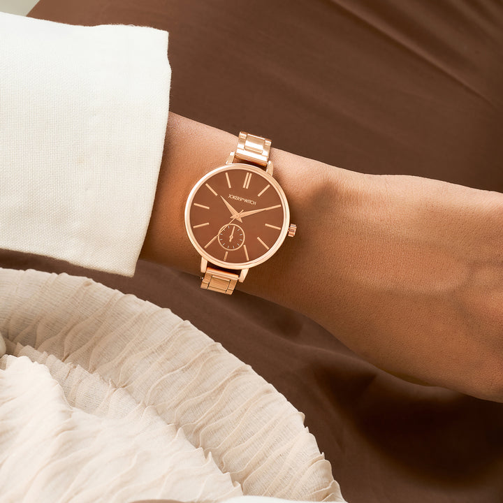 Sleek Brown Large Dial Rose Gold Linked Chain Strap Women's Watch