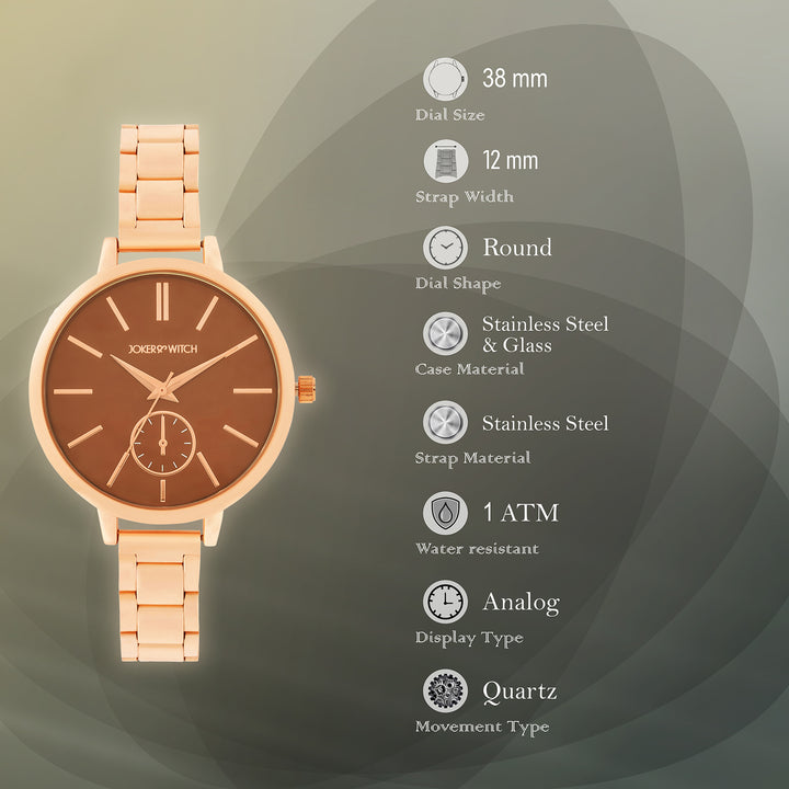 Sleek Brown Large Dial Rose Gold Linked Chain Strap Women's Watch