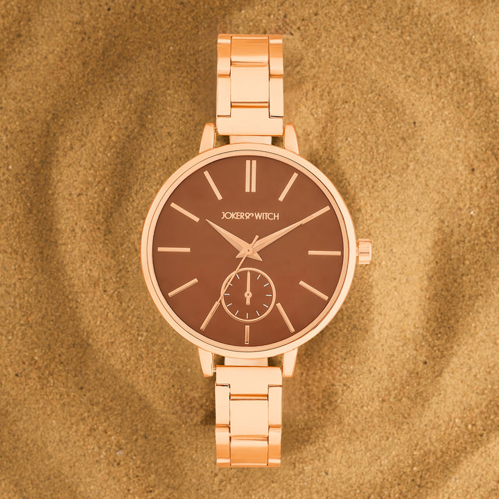 Sleek Brown Large Dial Rose Gold Linked Chain Strap Women's Watch