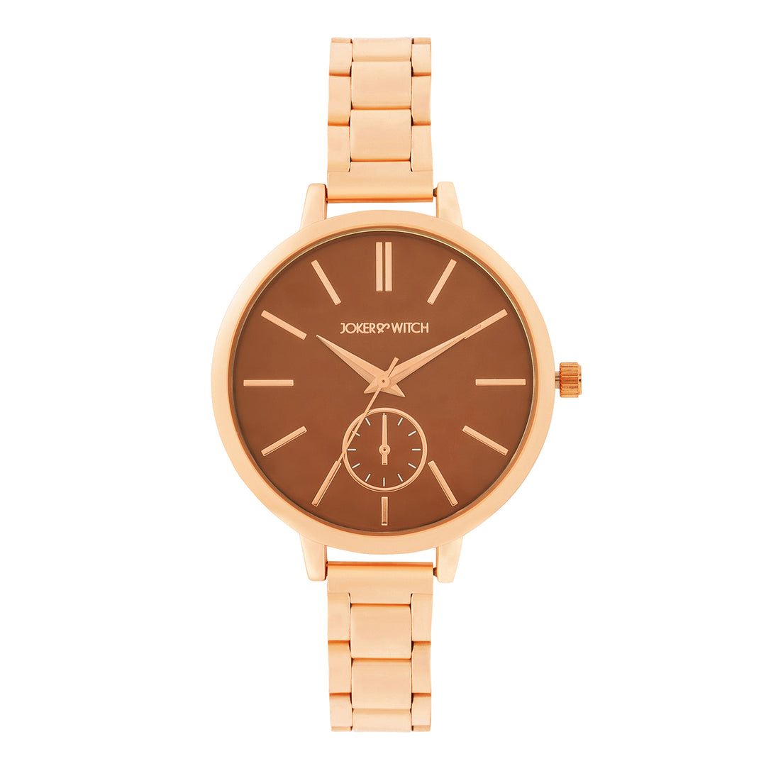 Sleek Brown Large Dial Rose Gold Linked Chain Strap Women's Watch
