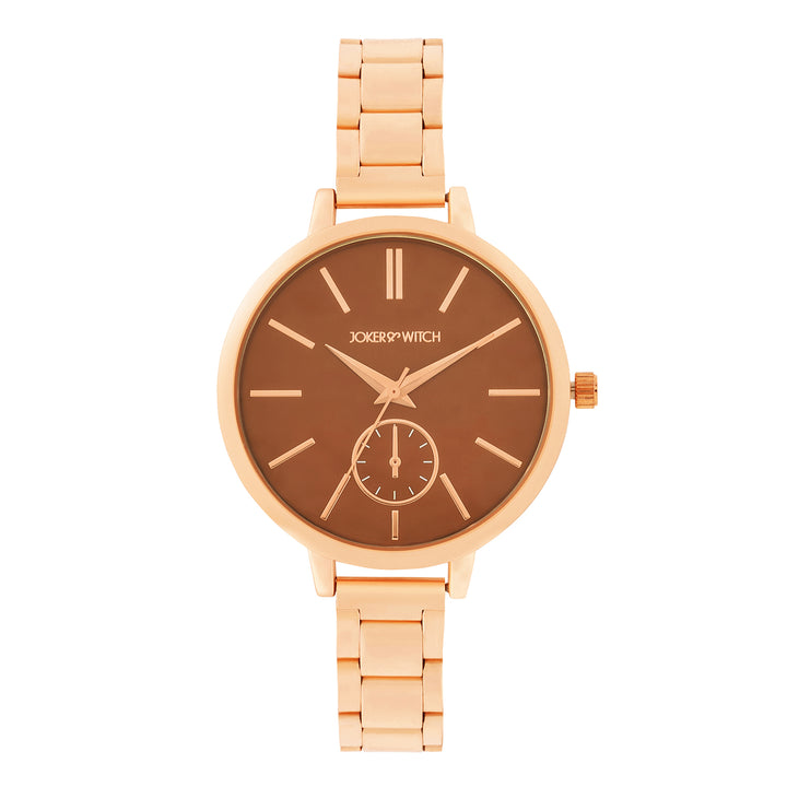 Sleek Brown Large Dial Rose Gold Linked Chain Strap Women's Watch