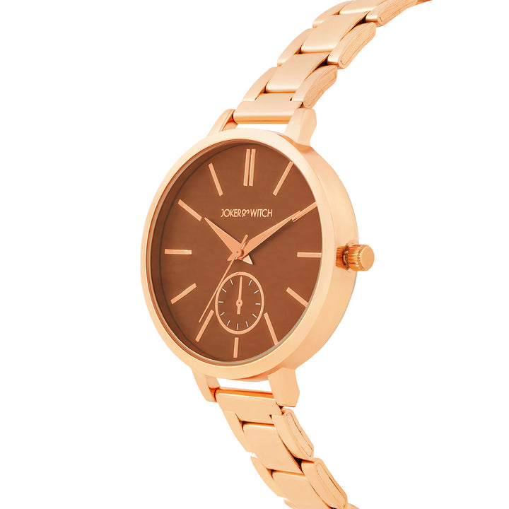 Sleek Brown Large Dial Rose Gold Linked Chain Strap Women's Watch