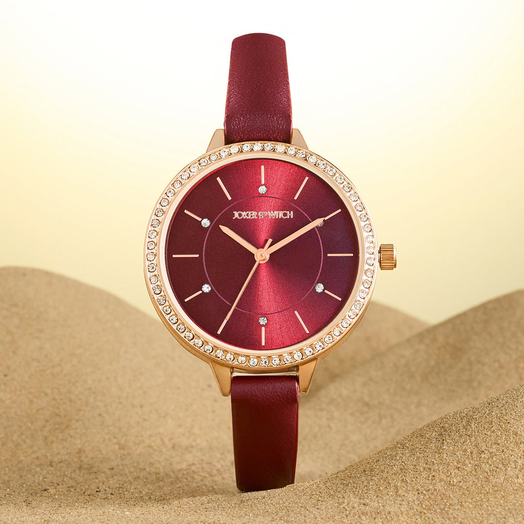 Sunrise Maroon Medium Rhinestone Dial PU Strap Women's Watch
